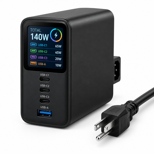 Chargeur de bureau GaN 140 W à 4 ports, USB-C PD 3.1, écran couleur par port