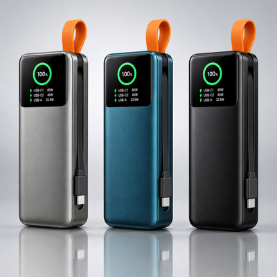 30,000mAh 100W Power Bank with Display and Built-in Retractable USB-C Cable — Charges MacBook, iPhone and iPad