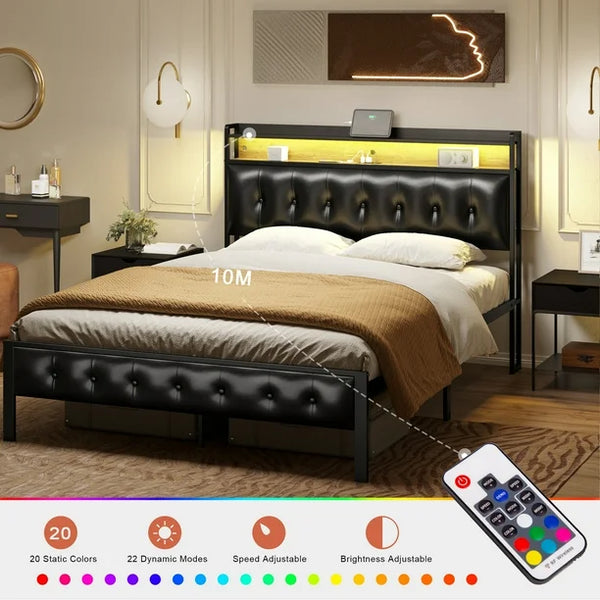 GUNAITO – Lit King avec Tête de Lit Rembourrée, Rangements, Lumières LED, Ports USB & Prises | Noir (Nouveau)