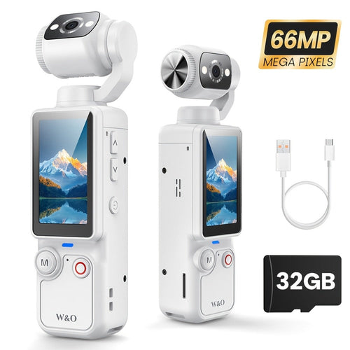 Caméra d'action de poche 4K 66 MP à objectif rotatif 180°, carte 32 Go, noire ou blanche