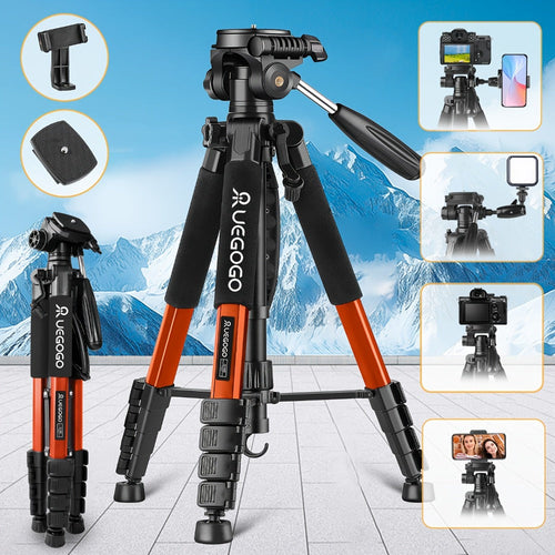 74 in Red and Black Camera Tripod with Pan-Tilt Head, Phone Holder and Bag