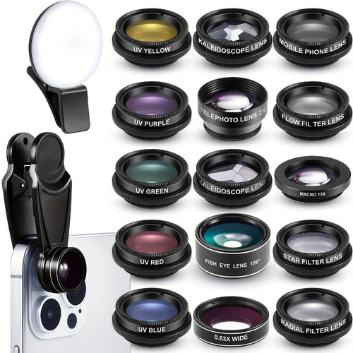 16-in-1 Clip-On Phone Lens Kit: Fisheye, Wide Angle, Macro, CPL and Selfie Light
