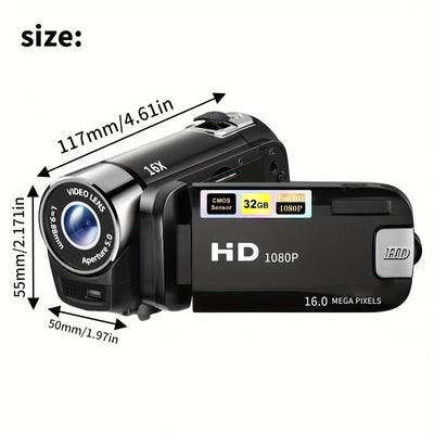 1080P 16MP Digital Camcorder Camera, 16X Digital Zoom, 270° Flip Screen, 32GB Card