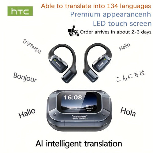 Écouteurs à oreille ouverte avec traduction en temps réel par IA, 135 langues, noirs