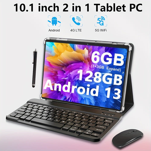 10.1-Inch Android Tablet Work and Study Bundle, 6GB RAM, 128GB, Keyboard