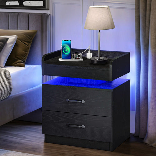 Petite table de chevet avec tiroir, station de recharge USB et éclairage DEL