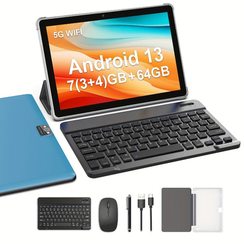 Tablette Android 13 de 10 po bleue avec étui, 7 Go de RAM au total, 64 Go, 6000 mAh