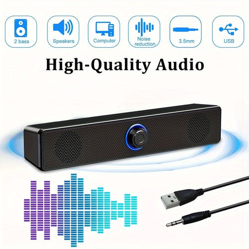 USB Wired Desktop Speaker Bar with 4D Audio Effect, Blue LED and Volume Control