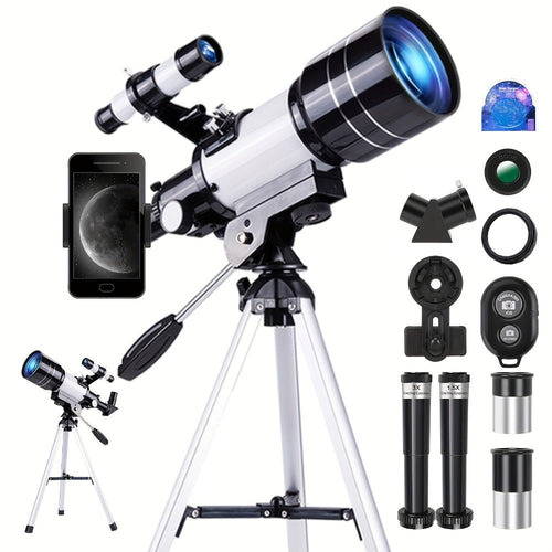 Télescope réfracteur 70 mm 150X avec trépied, adaptateur téléphone et télécommande