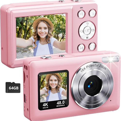 Appareil photo numérique 4K à double écran, zoom 18X, stabilisation, carte 64 Go en option
