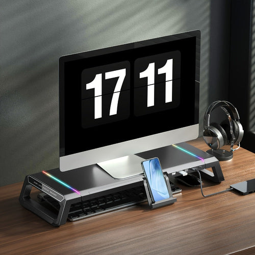 Foldable Height-Adjustable Monitor Stand with Drawer, RGB Lighting and 4 USB Ports