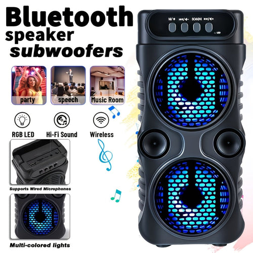 Portable Bluetooth Speaker with Dual Subwoofers, Color Lights, TWS, FM and Mic Input