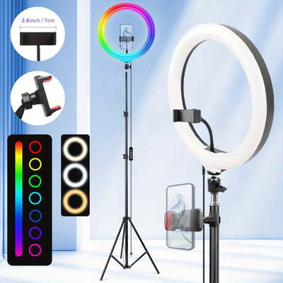 12-Inch Dimmable RGB Ring Light with 63-Inch Tripod and USB-Powered Phone Holder
