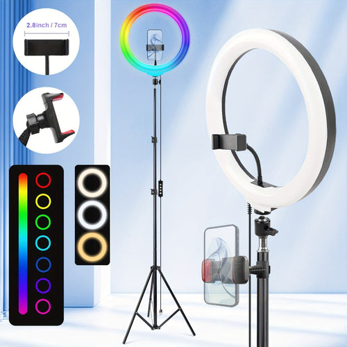 Anneau lumineux RGB 12 po à intensité réglable, trépied 63 po et support de téléphone USB