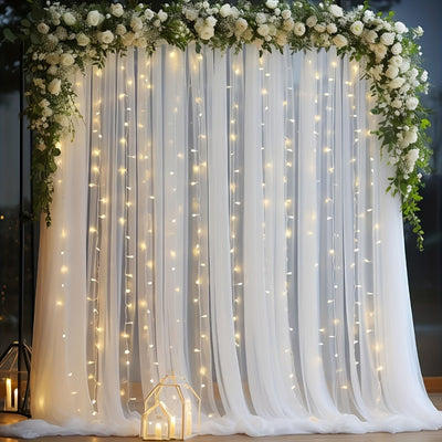 White Sheer Photo Backdrop Set, Two 5.2 x 10 ft Panels, USB String Lights, 10 Clips