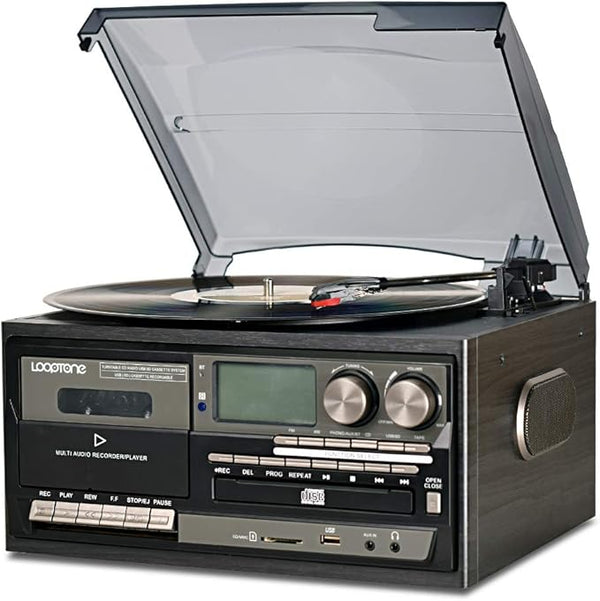 LoopTone TR-18CD-BB – Multifunction Vinyl Record Player with CD Player, AM/FM Radio and Built-in Speakers (Open Box)