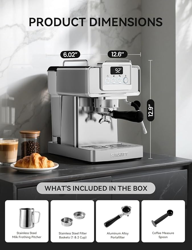 Sumsaty EM3208 – 1350W Espresso Machine with 1.8L Tank (Open Box)