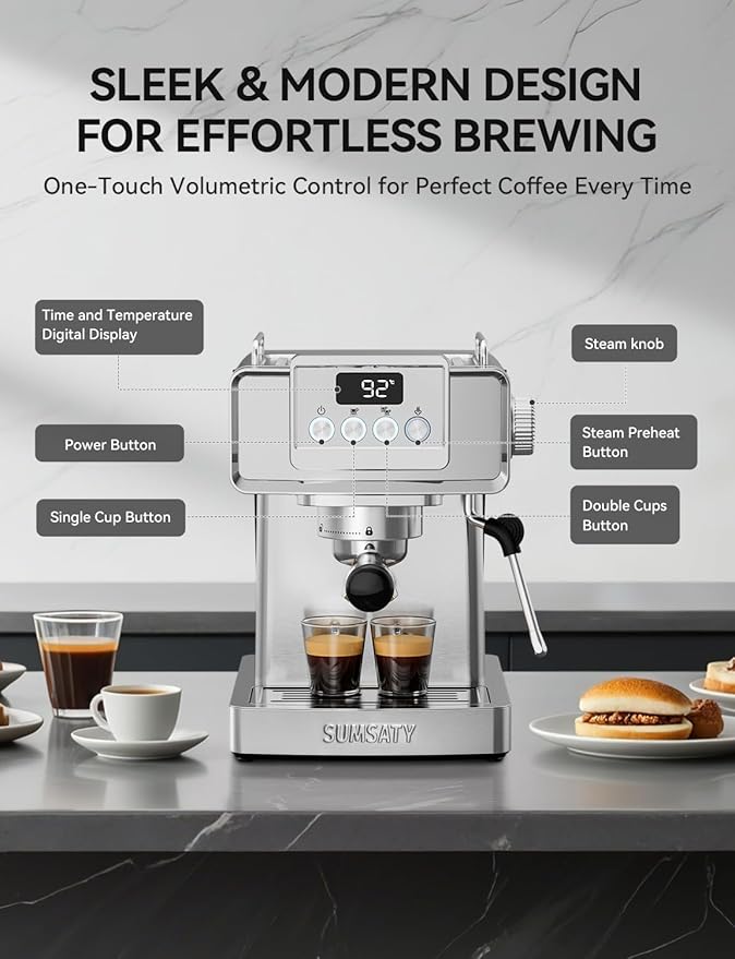 Sumsaty EM3208 – 1350W Espresso Machine with 1.8L Tank (Open Box)