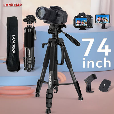 74-Inch Aluminum Camera Tripod with 3-Way Head, 2 Quick-Release Plates, Phone Clip and Bag