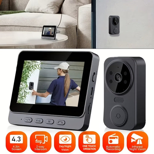 Sonnette vidéo sans fil avec écran IPS 4,3 po, 960P, vision de nuit, sans Wi-Fi ni appli