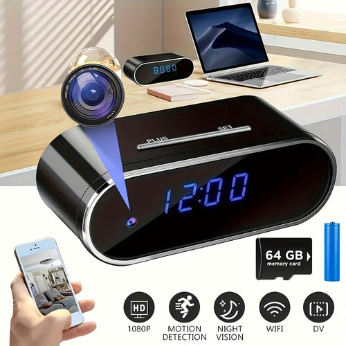 1080P Clock-Style Security Camera with 64 GB Card, Battery and IR Night Vision