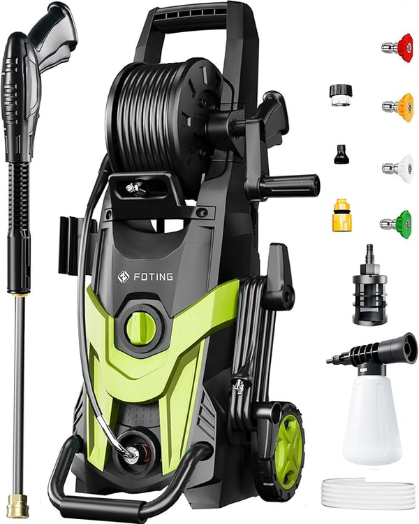 Nettoyeur Haute Pression FOTING 4300PSI – Débit 3,2 GPM – 120V/60Hz – Nettoyeur Électrique Robuste avec Rangement de Tuyau et Roues, Pour Voitures, Terrasses, Murs et Mobilier de Jardin (Boite ouverte)