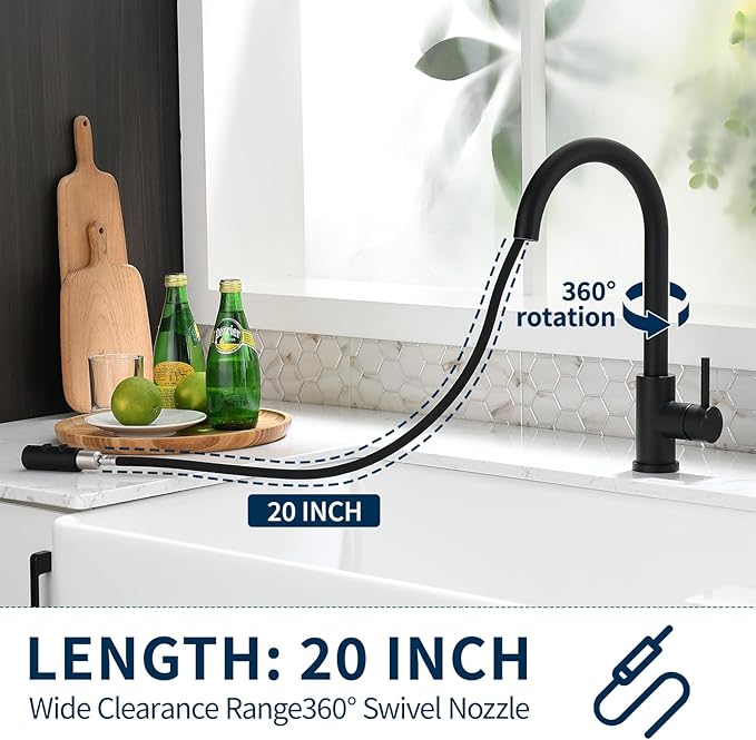 RAINMAX Robinet de Cuisine Noir – Bec Haut & Pulvérisateur (Boîte ouverte)