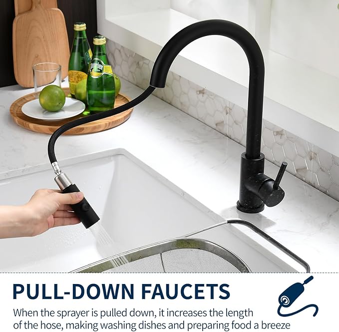 RAINMAX Robinet de Cuisine Noir – Bec Haut & Pulvérisateur (Boîte ouverte)