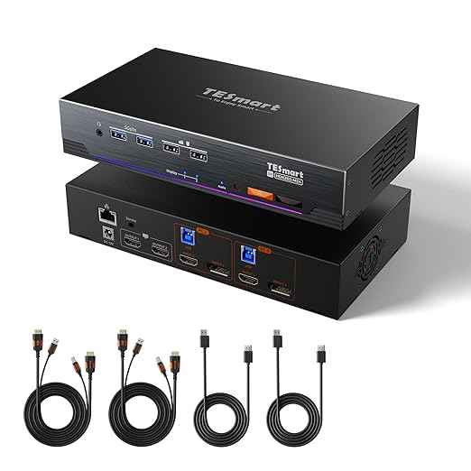 TESmart KVM Switch HKS202-P23-CABK – 2 Monitors / 2 Computers