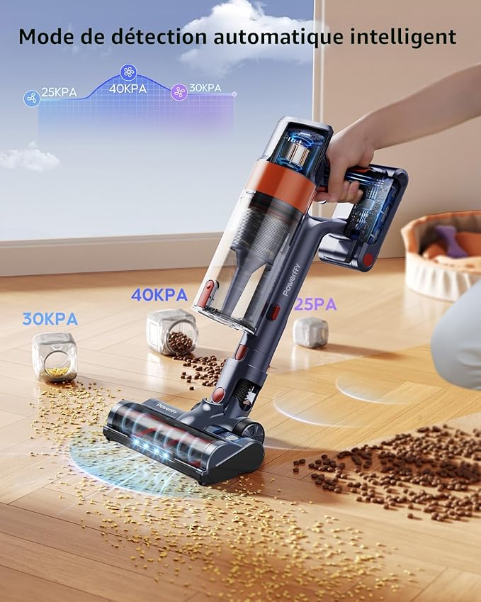 Powerffy V8 – Aspirateur Balai Sans Fil avec Écran Numérique, Puissance d’Aspiration Élevée, Autonomie Prolongée (Boite ouverte)