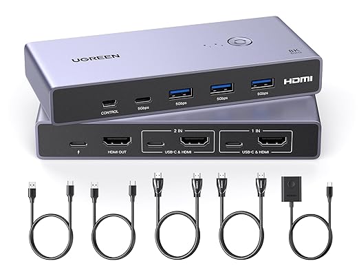 UGREEN HDMI KVM Switch 2 In 1 Out 8K 60Hz – USB 3.0 Switch with 4 Ports to Share Screen, Keyboard, Mouse and Peripherals Between 2 PCs/Macs – Open Box, Never Used