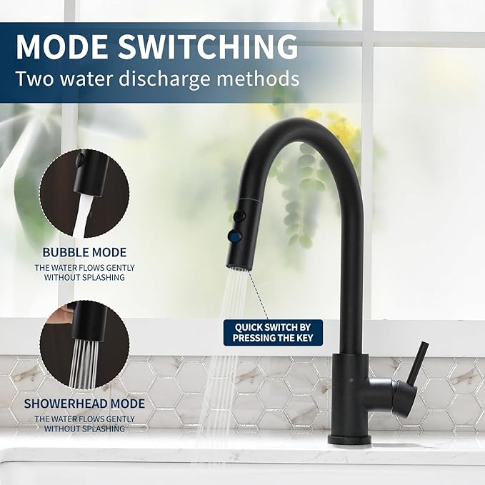 RAINMAX Robinet de Cuisine Noir – Bec Haut & Pulvérisateur (Boîte ouverte)