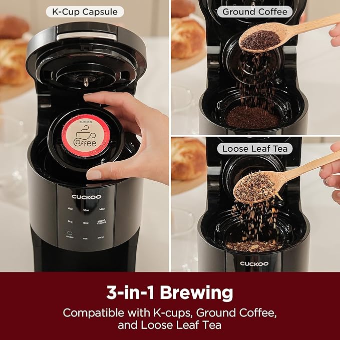 Cafetière CUCKOO CCM-AK011B 3-en-1 – 1.2L, Compatible K-Cup, 5 Tailles de Tasses, Auto-Nettoyage (Boite Ouverte)