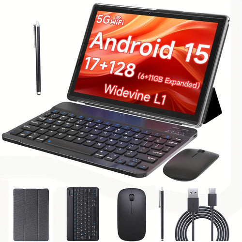 10-Inch Android 15 Tablet, 128GB, Wi-Fi 6, Keyboard, Mouse and Stylus Set
