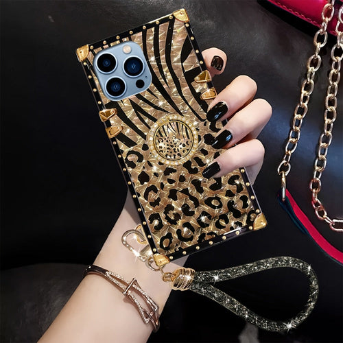 Gold Leopard Print Case with Ring Stand, Compatible with iPhone 12 to 16
