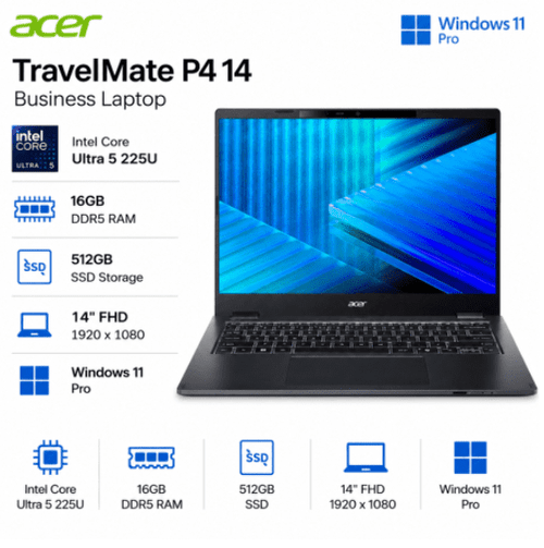 Acer TravelMate P4 14 (TMP414-55) — 14" WUXGA, Core Ultra série 2 vPro, MIL-STD-810H
