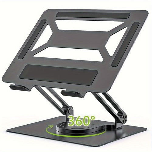 360° Rotating Laptop Stand, Swivel Base, Foldable Metal Riser, Silver or Black