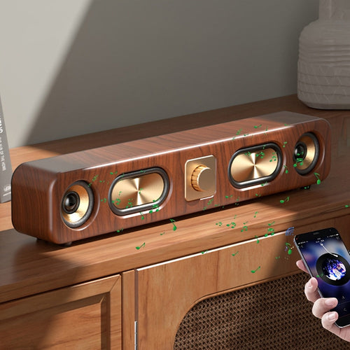 Haut-parleur Bluetooth rétro fini bois, double woofer 2 po, 10 W, barre de son de bureau