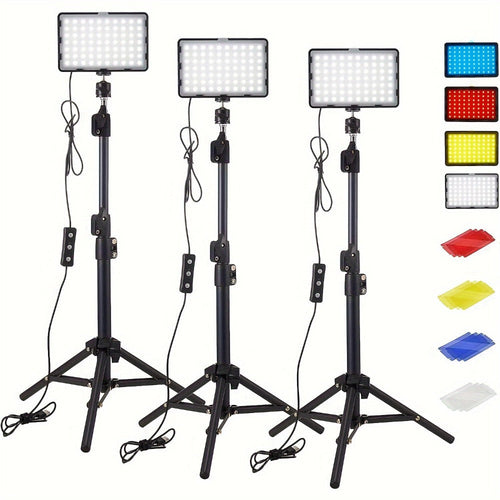 3-Pack Dimmable 5600K LED Video Light Panel Kit with Tripod Stands and RGB Filters