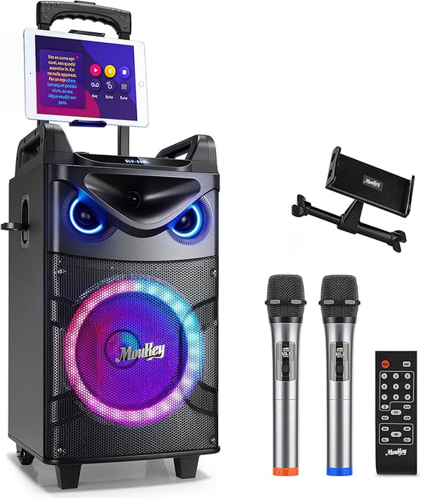 Moukey Karaoke Machine - 800W Party Speaker with 10" Woofer, 2 UHF Wireless Microphones and Disco Lights (Open Box)