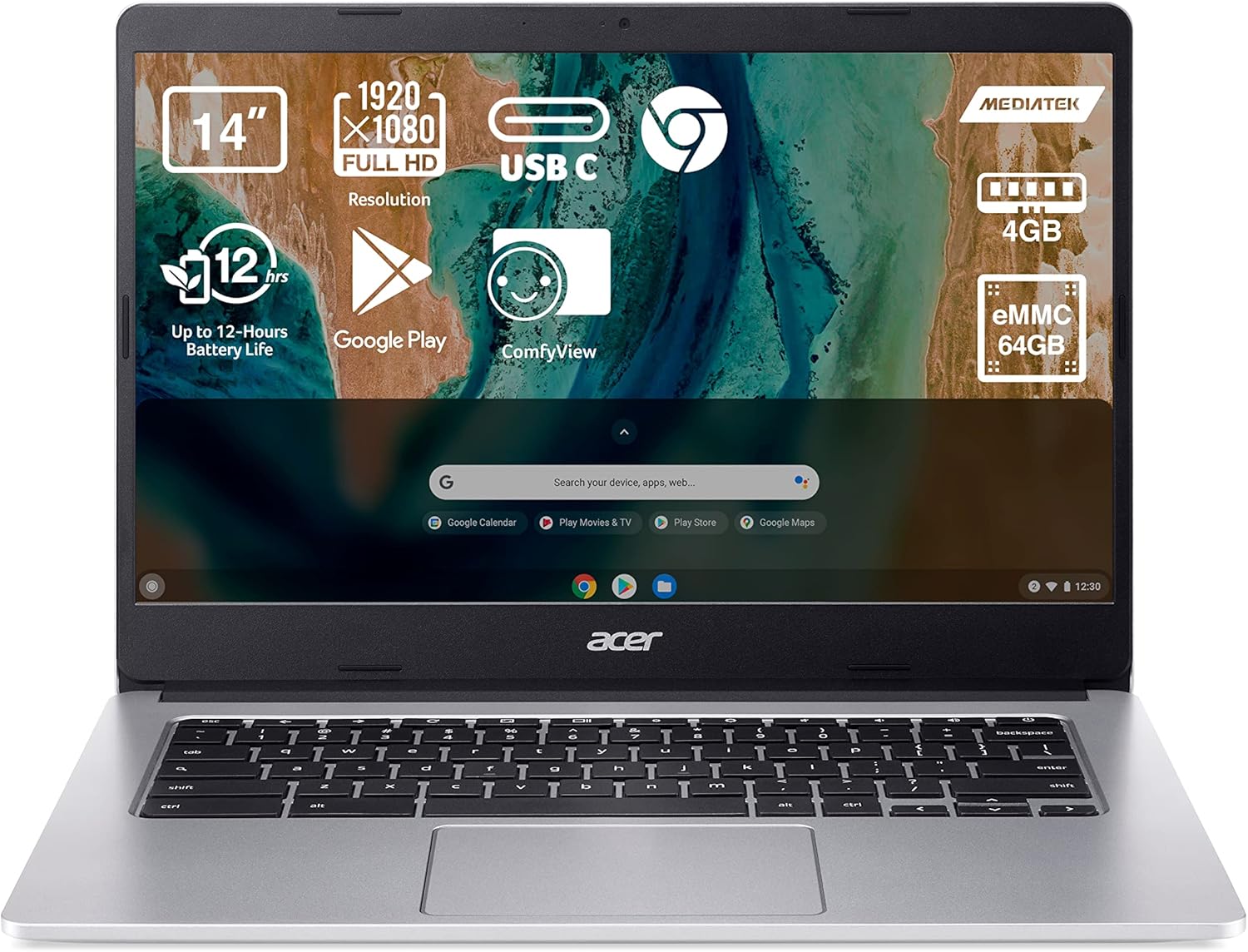 Chromebook Acer CB314 CB314-2H-K5EL, écran 14"" FHD, processeur MediaTek MT8183, 4 Go DDR4, 128 Go eMMC, Chrome OS, couleur argent