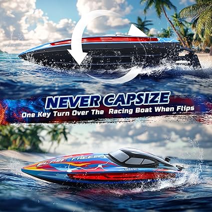 DEERC YK080 Remote Control Boat – High Speed ​​RC Boat with LED Lights, Anti-Capsize Function, Precise Control – RC Toy for Kids and Adults – Open Box, Never Used
