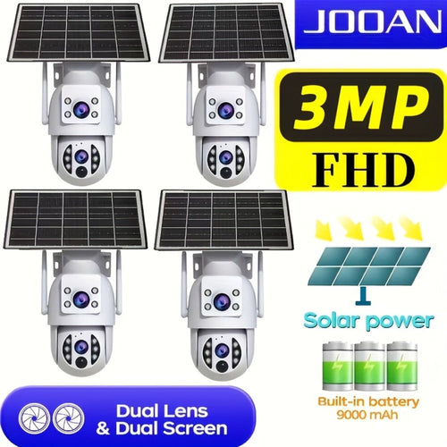 Caméra de sécurité solaire PTZ double objectif 3MP Wi-Fi 2,4 GHz, batterie 9000 mAh