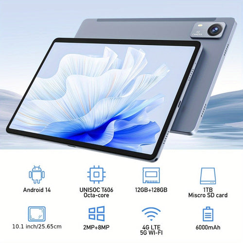 10.1-Inch Android 14 Tablet, 4G LTE Dual SIM, T606 Octa-Core, 256GB