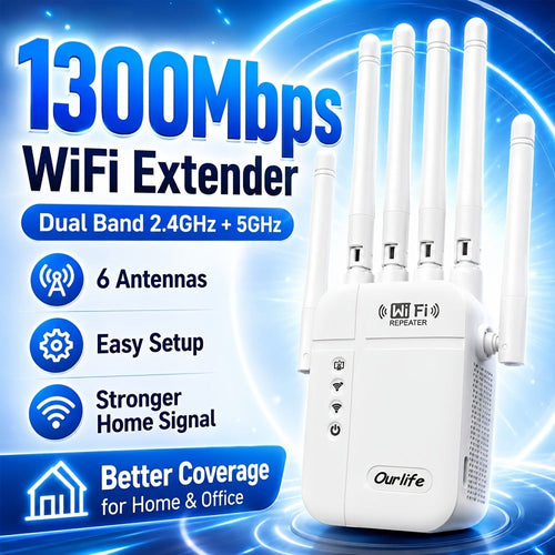 1300 Mbps Dual-Band Wi-Fi Extender, 2.4 & 5 GHz, 6 Antennas, Wall Plug