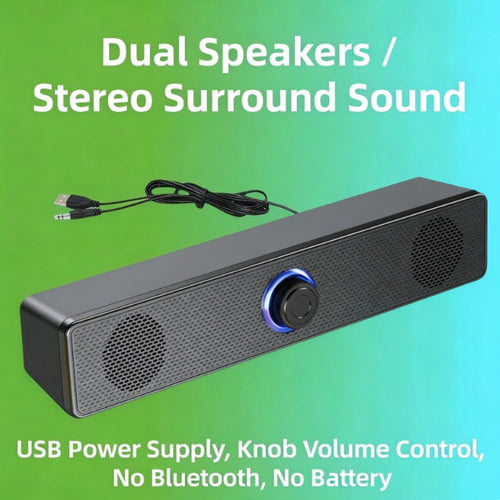 USB Wired Computer Soundbar with Stereo Sound and Volume Knob