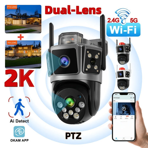 Dual-Lens Three-View Security Camera, 355° Pan-Tilt, Color Night Vision, SD up to 256GB