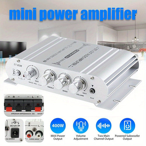 400W Car Audio Amplifier, 2.1 Channel 12V, Aluminum Alloy Housing