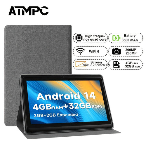 Tablette Android 14 de 7 po grise, 4 Go de RAM, 32 Go, Bluetooth, batterie 3500 mAh