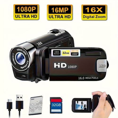 Portable 1080p Digital Camcorder with Rotating Screen, Rechargeable Battery, Optional 32GB Card